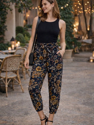 Σατέν φλοράλ παντελόνα Stradivarius μεταχειρισμένη, μέγεθος 38, μπλε