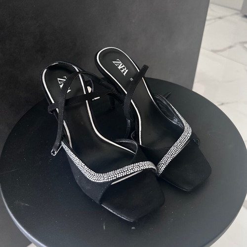 Zara Black High-Heeled Strappy Evening Sandals Size 38 New