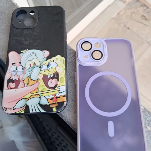 iPhone 13 case with SpongeBob design used plus free purple MagSafe case