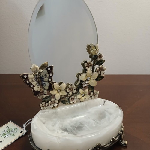 Brass jewelry box with mirror and enamel floral butterfly design