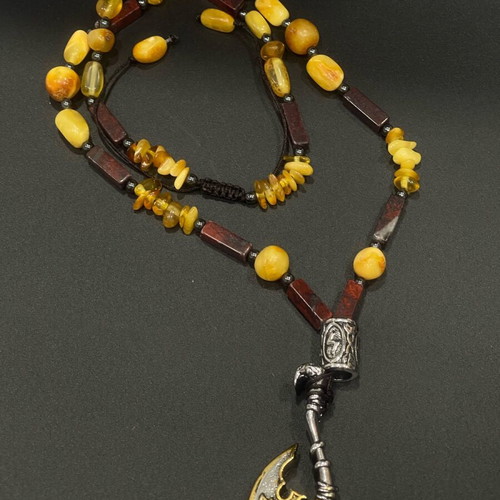 Men's choker with amber and red jasper, new