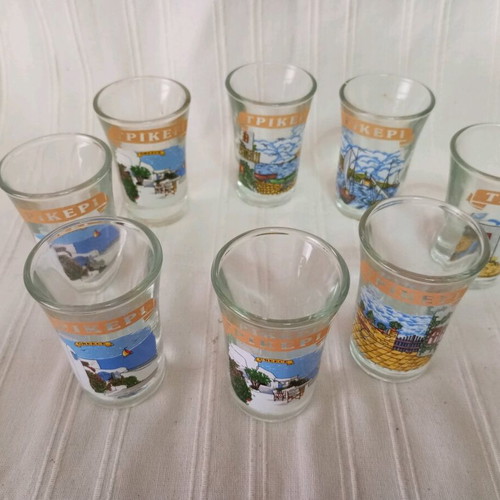 Set of 10 new shot glasses with designs and Trikeri inscription