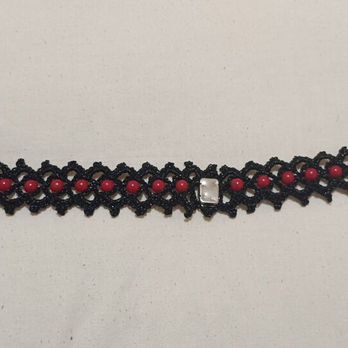 Gothic Choker Handmade Black Crochet with Red Beads and Crystal