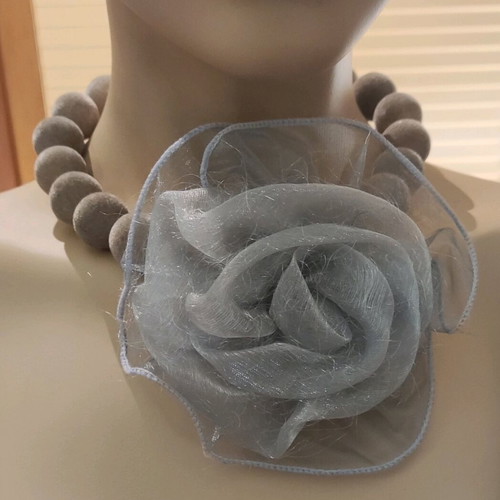 Handmade necklace new with large gray flower and velvet beads