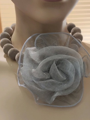 Handmade necklace new with large gray flower and velvet beads