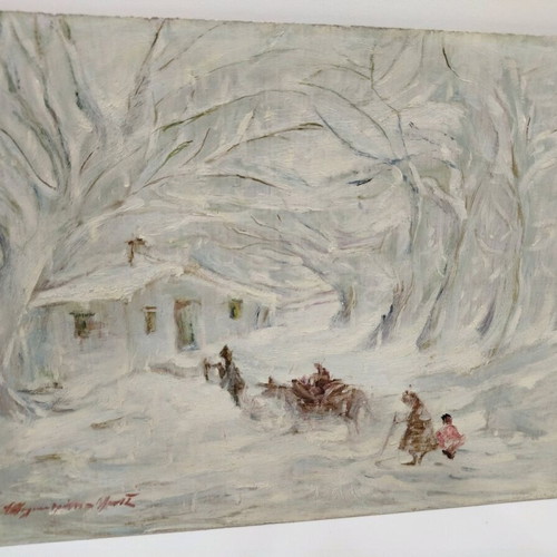 Oil painting snowy landscape used on plywood, old collectible 40x50