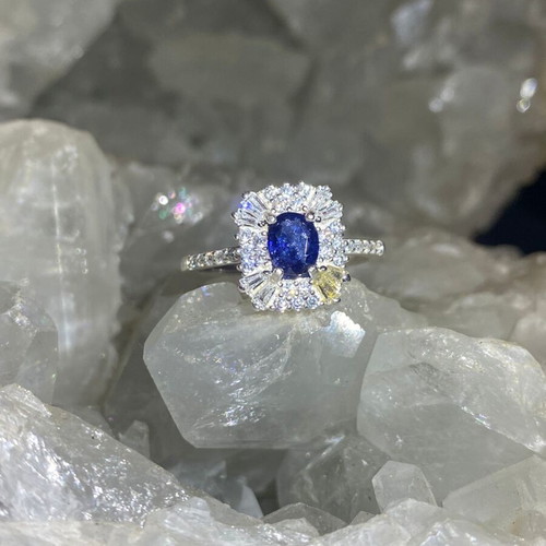 Handmade silver ring with natural blue sapphire and moissanites size 9