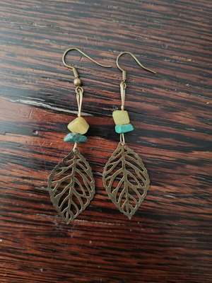 Handmade dangle earrings with semi-precious stones and bronze leaf