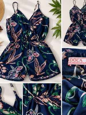 Ολόσωμη φόρμα Doca καινούργια, μπλε με floral μοτίβο, μέγεθος L