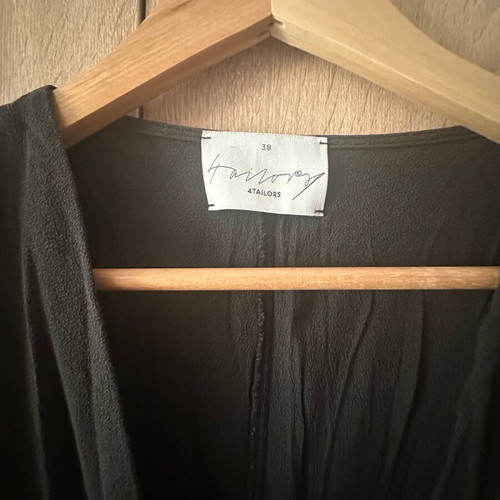 4tailors long black dress used with pronounced shoulders and drape