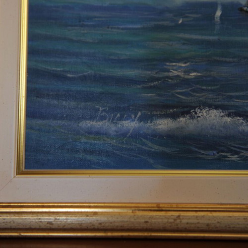 Oil painting on canvas signed, like new, nautical theme with frame