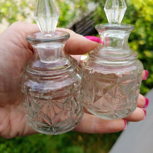 Vintage glass miniature bottle set of 2 with carved pattern and glass stopper