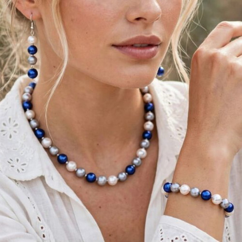 Handmade blue white beaded necklace, earrings and bracelet