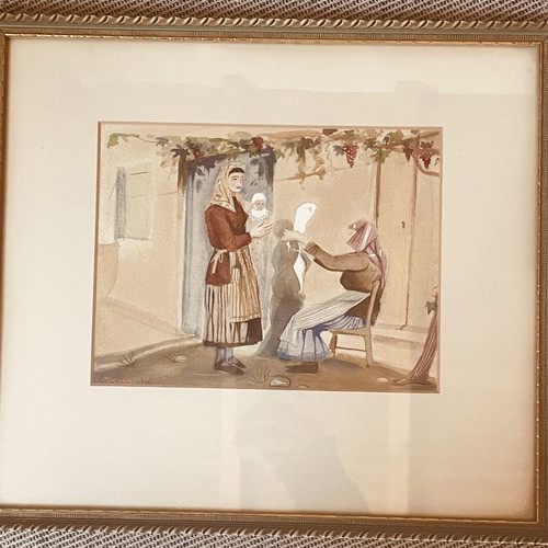 Watercolor painting used, traditional scene with two women framed