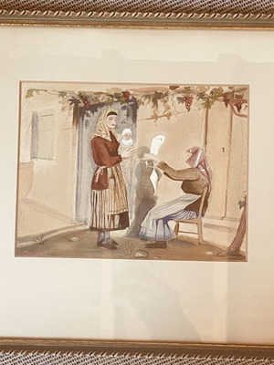 Watercolor painting used, traditional scene with two women framed