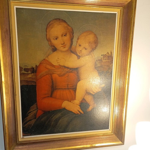 Vintage decorative large framed print used, Raphael's The Small Cowper Madonna