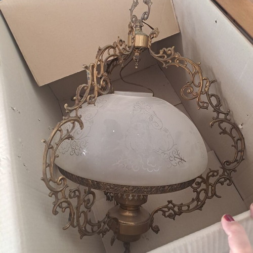 Ceiling light used, old brass with opaline shade
