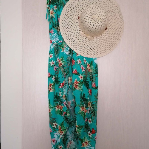 Doca romper dress with straw hat gift, one size, tropical floral