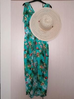 Doca romper dress with straw hat gift, one size, tropical floral