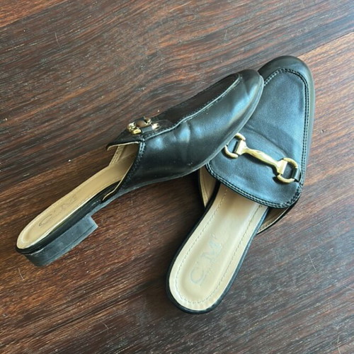 Backless loafers black moccasins size 37 used, gold horsebit
