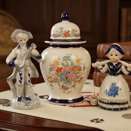Vintage porcelain decorative set with lidded vase and 2 figurines, 3 pieces