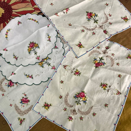 Vintage napkins used, pack of 5, handmade embroidered