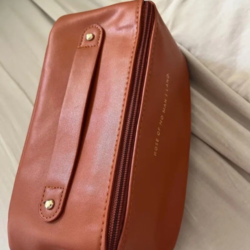 Toiletry bag with dividers for cosmetics tan color new