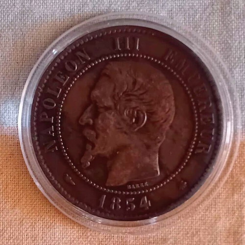 French 10 Centimes 1854BB coin used, Napoleon III copper