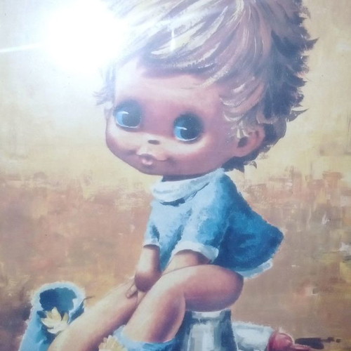Big Eye Kids framed painting boy on potty used vintage