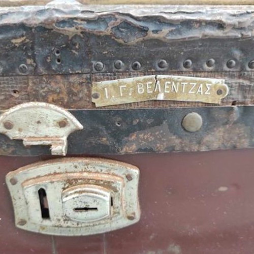Wooden antique chest used with metal lining I.G. Velentzas
