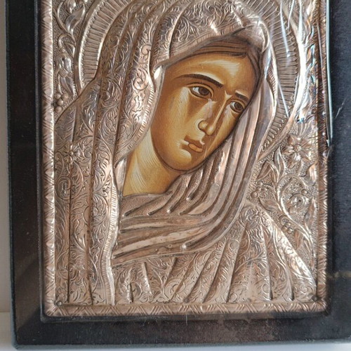 Silver Icon Panagia Glykofilousa used, 950 silver, 22x17 cm