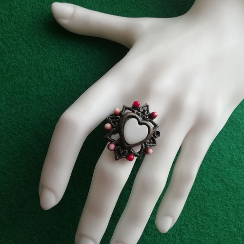 Bronze ring vintage white heart DIY open size new