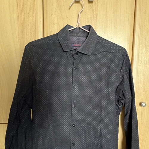 Men's cotton shirt black with small dark blue polka dots, used, size Large