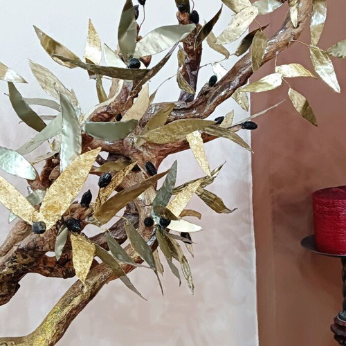 Decorative olive tree handmade from driftwood and metal