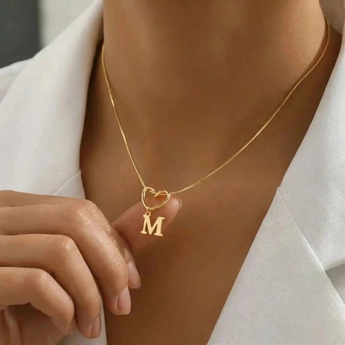 18K Gold Initial M Heart Necklace Stainless Steel New