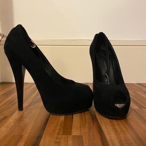 Giuseppe Zanotti black suede peep toe shoes with Swarovski crystals used, size 40