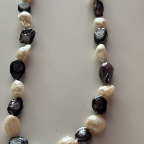 Handmade necklace with natural white and black freshwater pearls