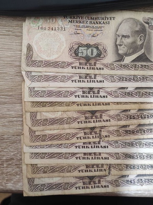 50 Turkish Lira 1970 used, pack of 10 banknotes