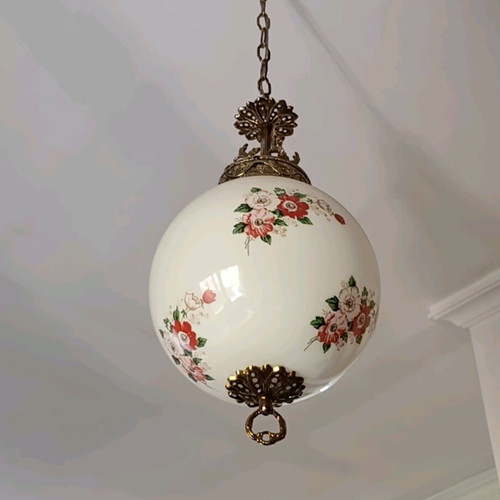 Vintage ceiling light with brass and opaline floral globe, like new