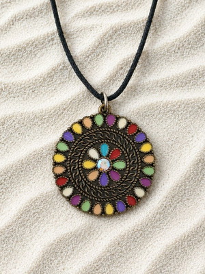Boho necklace new, multicolor zinc and black leather