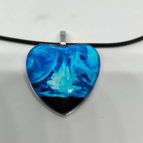Handmade Heart Necklace with Blue Liquid Glass and Black Cord like new