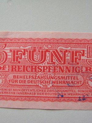 5 Reichspfennig banknote German occupation 1942 used