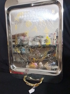 Винтидж inox поднос за сервиране GEDIS позлатен като нов 43x30 см