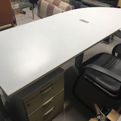 Corner desk used with adjustable height, chair and drawer unit