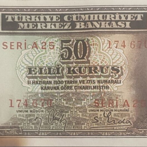 Turkish banknote 50 Kurus 1930 used with stain