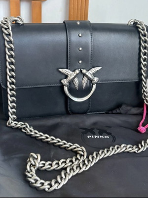 Pinko Crossbody Bag, black leather with silver chain