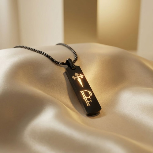 Necklace with Personalized Engraving in Black Stainless Steel New