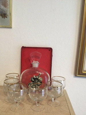 Liqueur set six drinking glasses and bottle like new