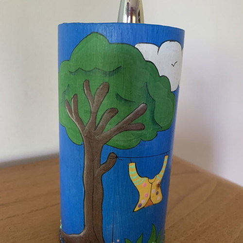 Bamboo Pencil Holder hand-painted, like new