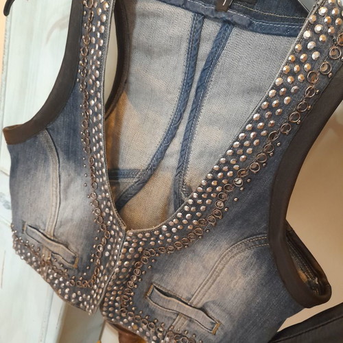 Cinema denim skirt and vest set with genuine leather like new